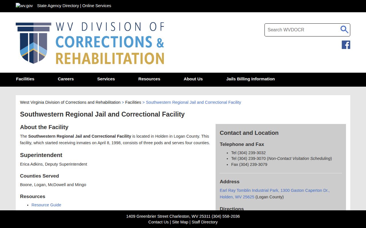 Boone County regional booking destination, Southwestern Regional Jail and Correctional Facility official page